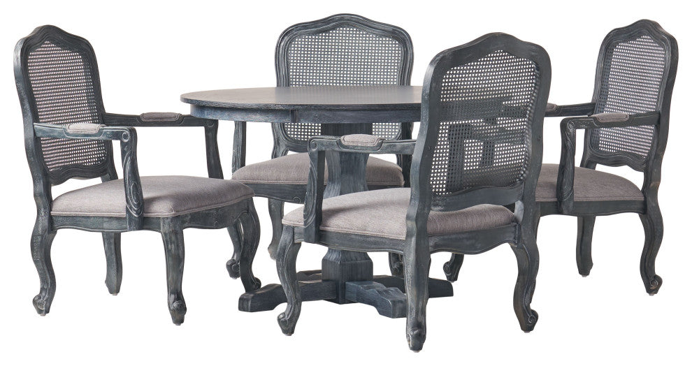 Absaroka French Country Fabric Wood and Cane 5-Piece Dining Set, Gray