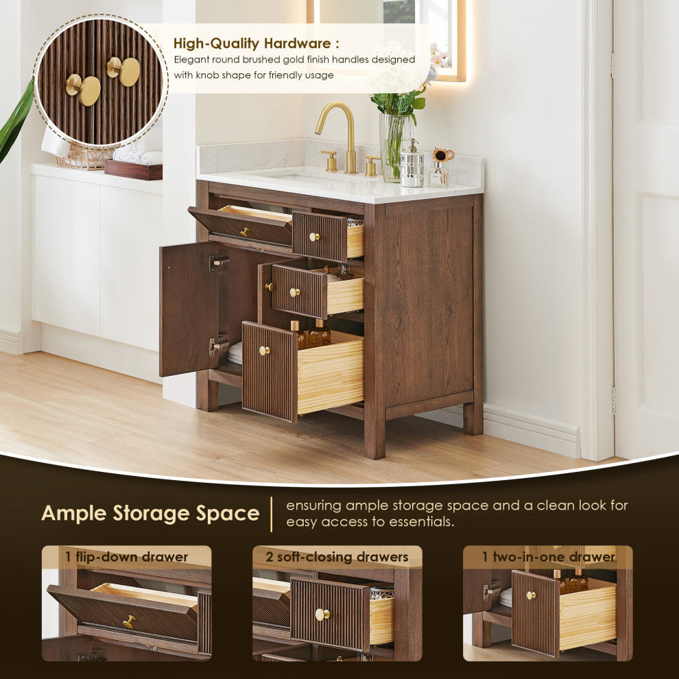 Cerrito Bathroom Vanity, Brown Brushed Oak, 36" Single, Without Mirror
