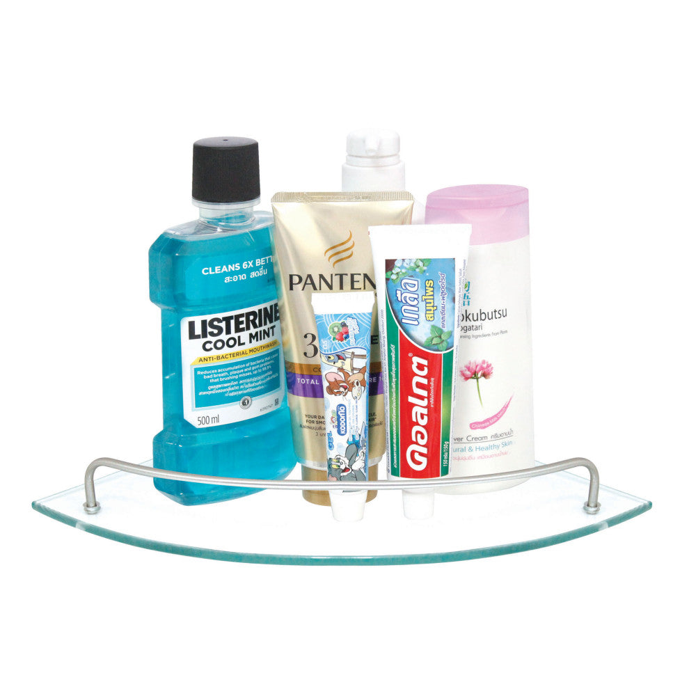 MODONA's 9.5" Glass Corner Shelf With Rail, Satin Nickel