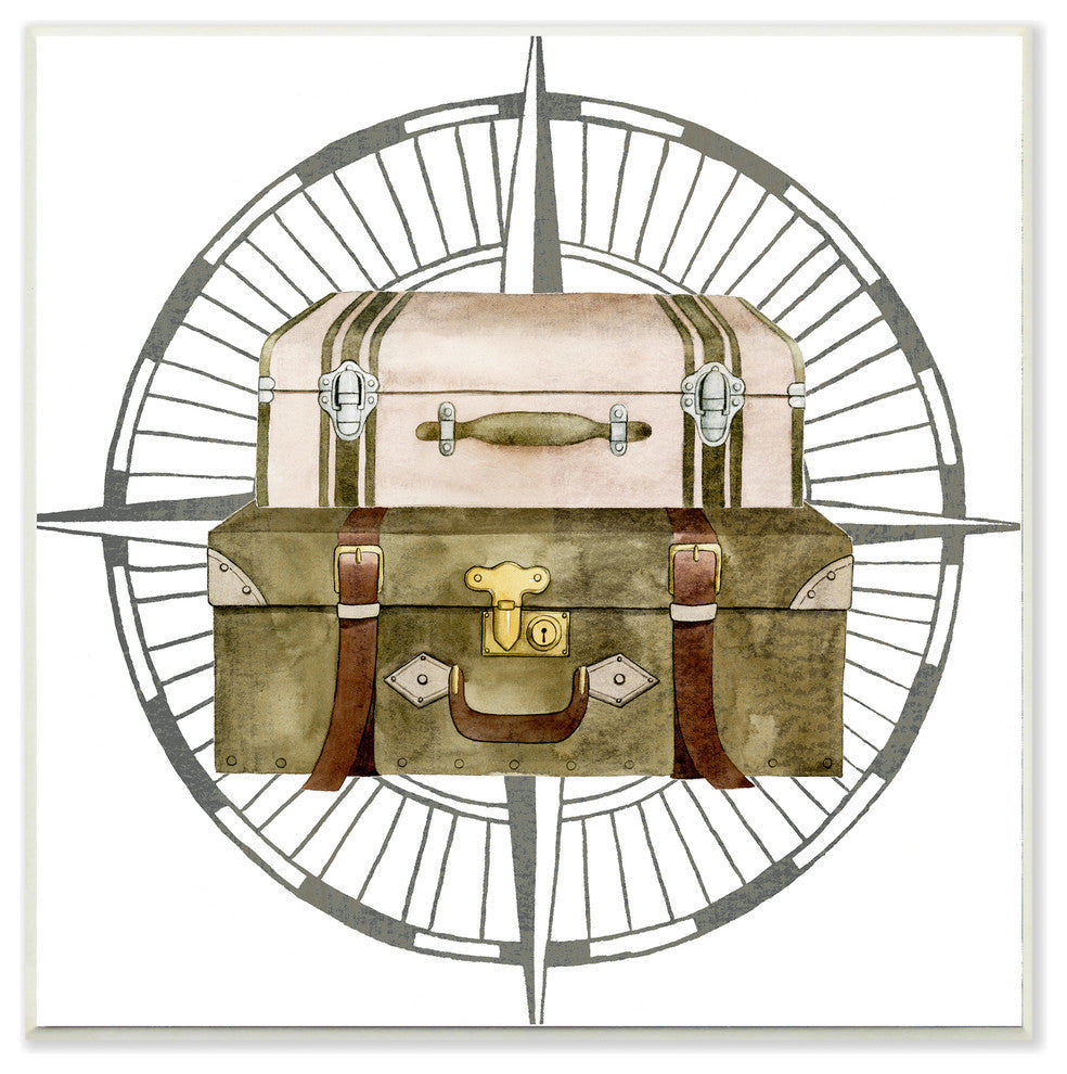 Pink and Brown Luggage Stack Illustration with Compass Rose Wall Plaque, 12"x12"