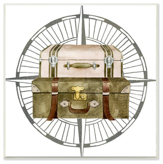 Pink and Brown Luggage Stack Illustration with Compass Rose Wall Plaque, 12"x12"