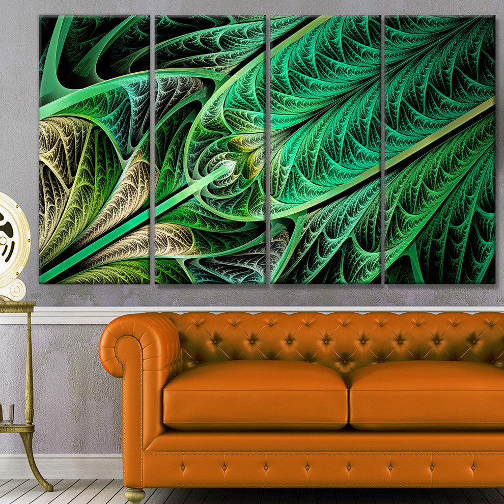 Green on Black Fractal Stained Glass, Abstract Canvas Art, 48"x28", 4 Panels