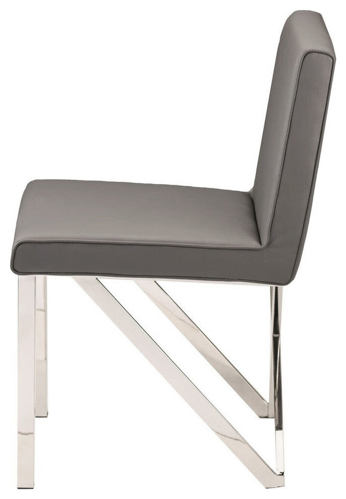 Talbot Dining Chair in Grey Naugahyde and Polished Stainless Steel Base