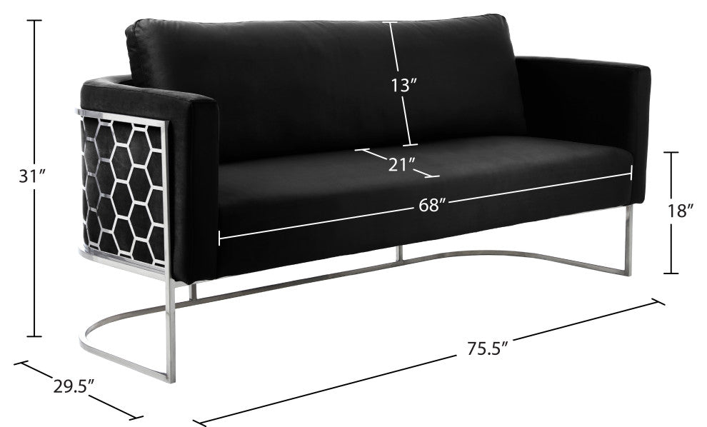 Casa Velvet Upholstered Sofa, Black, Chrome Finish