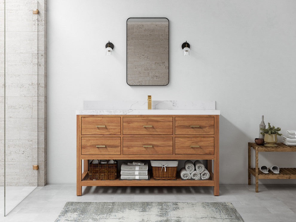 Parker Teak 60" Single Sink Bath Vanity in Golden Teak  2" Calacatta Nuvo