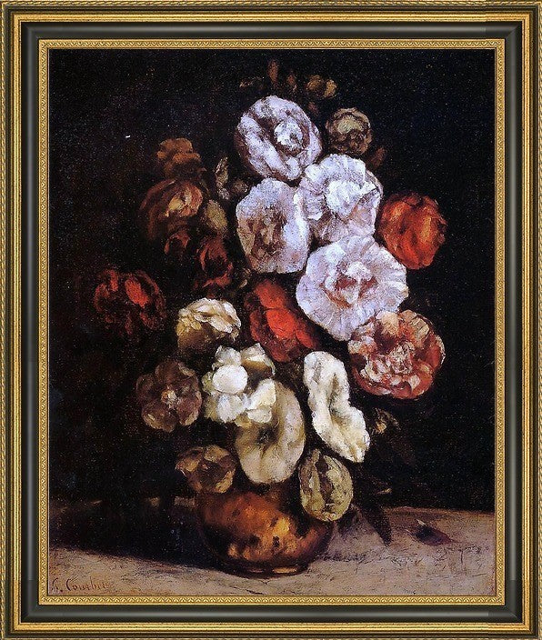 Gustave Courbet Hollyhocks in a Copper Bowl Framed Premium Canvas Print, 16"x20"
