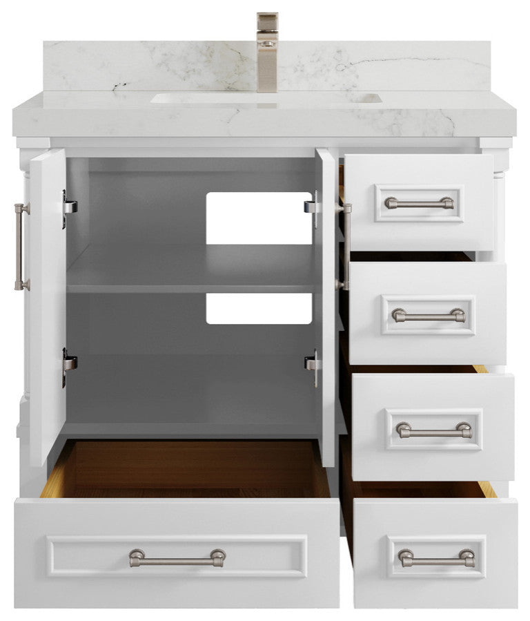 Aberdeen 36 Center Sink Bath Vanity in White 2" Calacatta Nuvo
