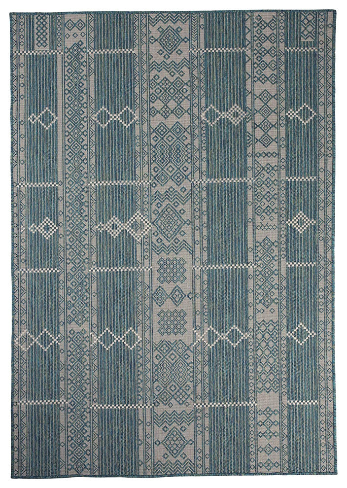 Outdoor Collection Geometric Pattern Bohemian Rug, Ocean, 5'3"x7'6"