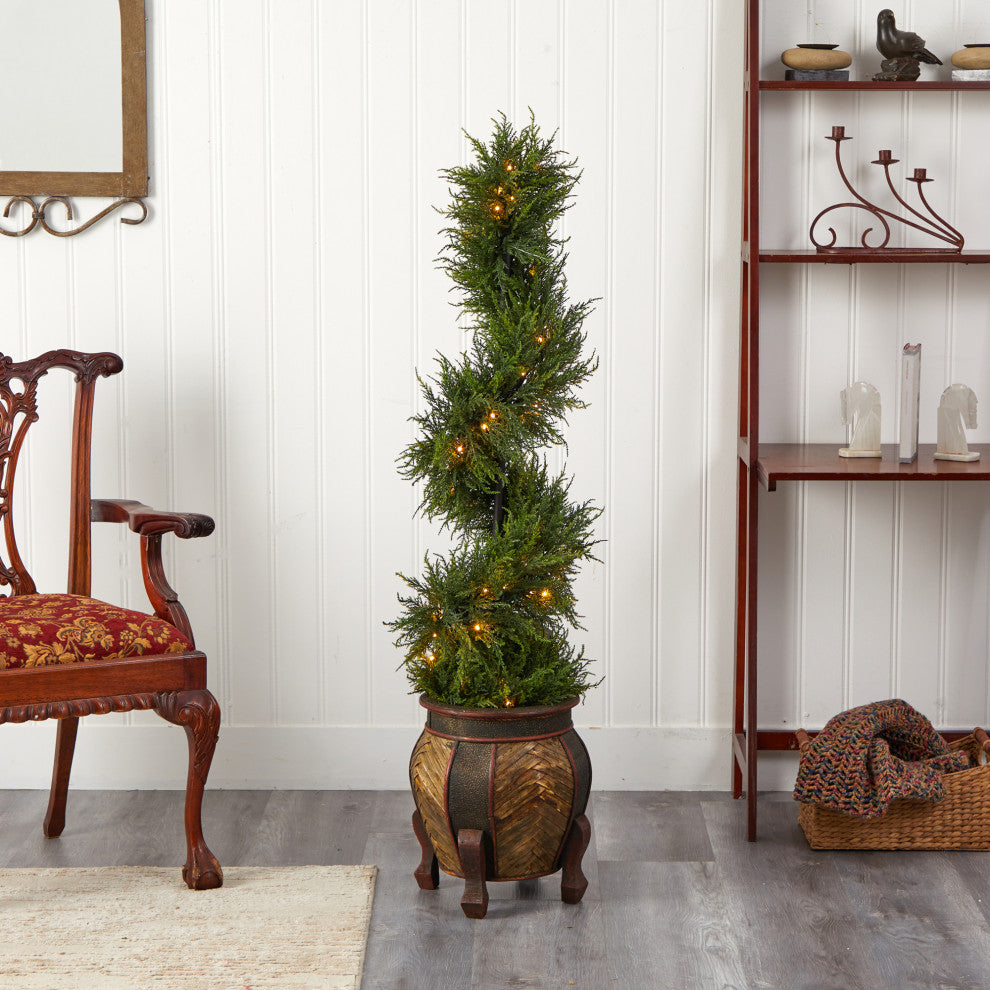 4.5' Spiral Cypress Faux Tree, Planter W/80 Clear LED Lights  Indoor/Outdoor