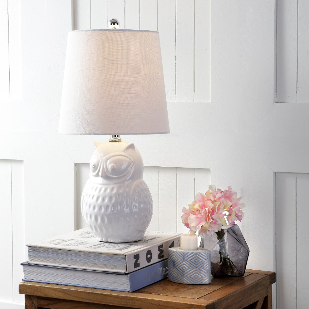 Hoot 20.5" Ceramic Mini Table Lamp, White Owl