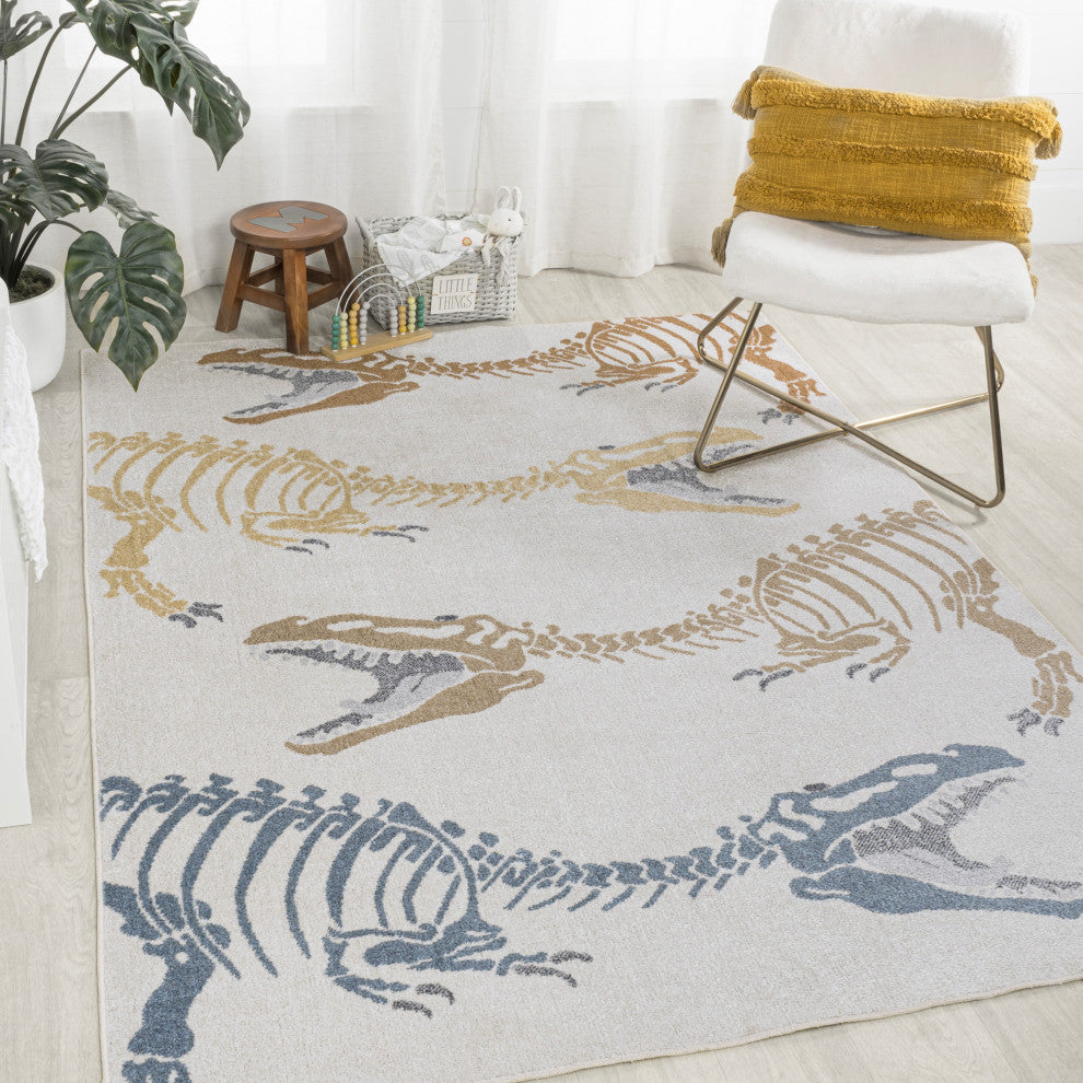 Kingdarr T-Rex Modern Kids Machine-Washable Cream/Multi 5 ft. x 8 ft. Area Rug
