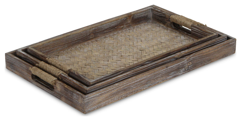 3-Piece Brown Wooden Trays With Center Bamboo Pattern And Rope Handles