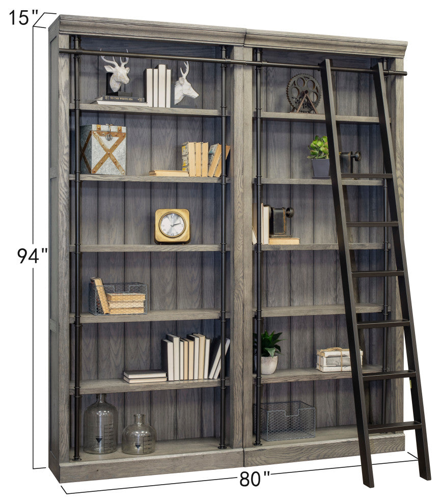 8' Tall Bookcase Wall With Ladder, Storage Organizer, Gray