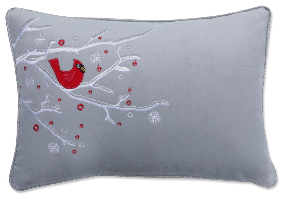 Indoor Velvet Christmas Cardinal Gray Lumbar Rectangular Throw Pillow