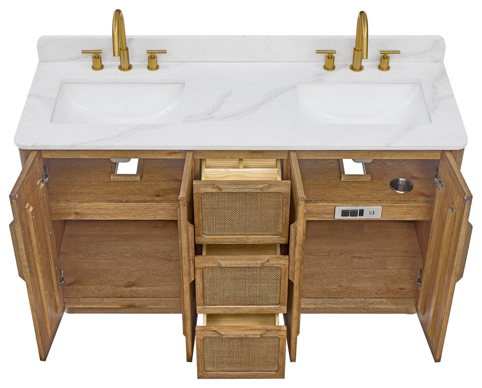 Busan Bath Vanity, Quartz Top No Mirror, Oak Classic Brown, 60", Double Vanity