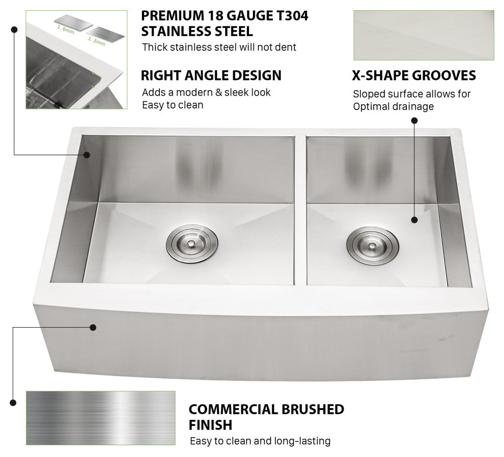 Farmhouse Apron Stainless Steel 18 Gauge Double Bowl Kitchen Sink, 36x20x9-60/40