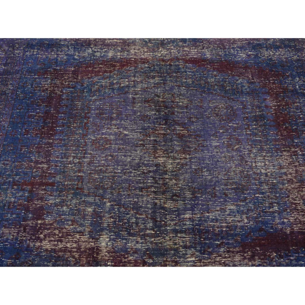 Purple, Overdyed Persian Viss Design Soft Wool Hand Knotted Rug, 6'10"x10'1"