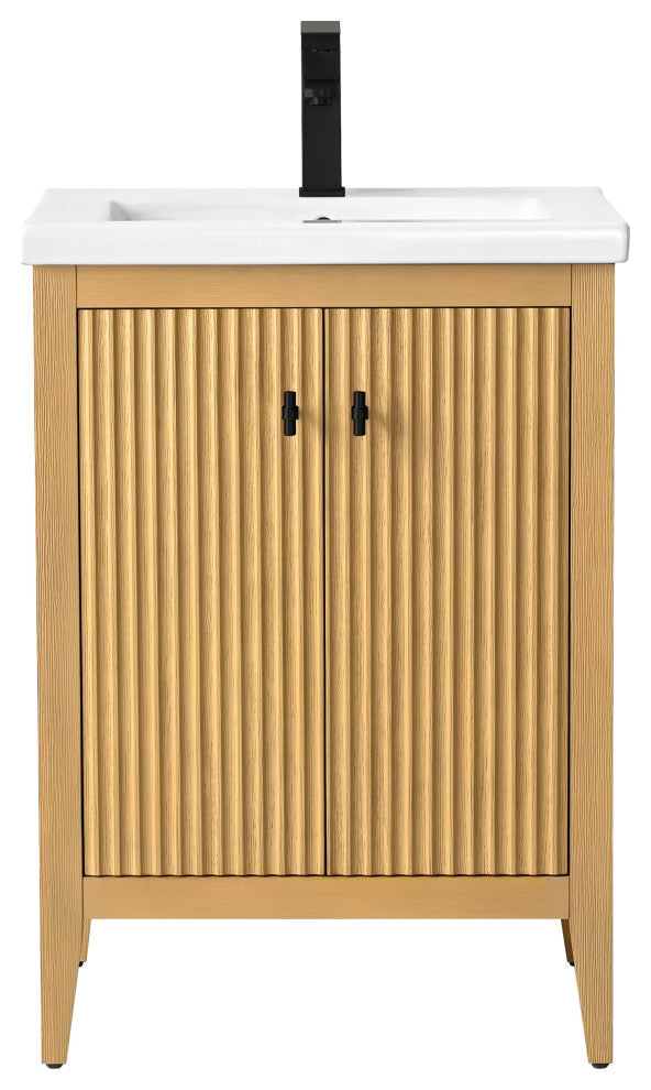 Vanity Art Freestanding Vanity, Natural Oak, 24", Single Sink, Matte Black