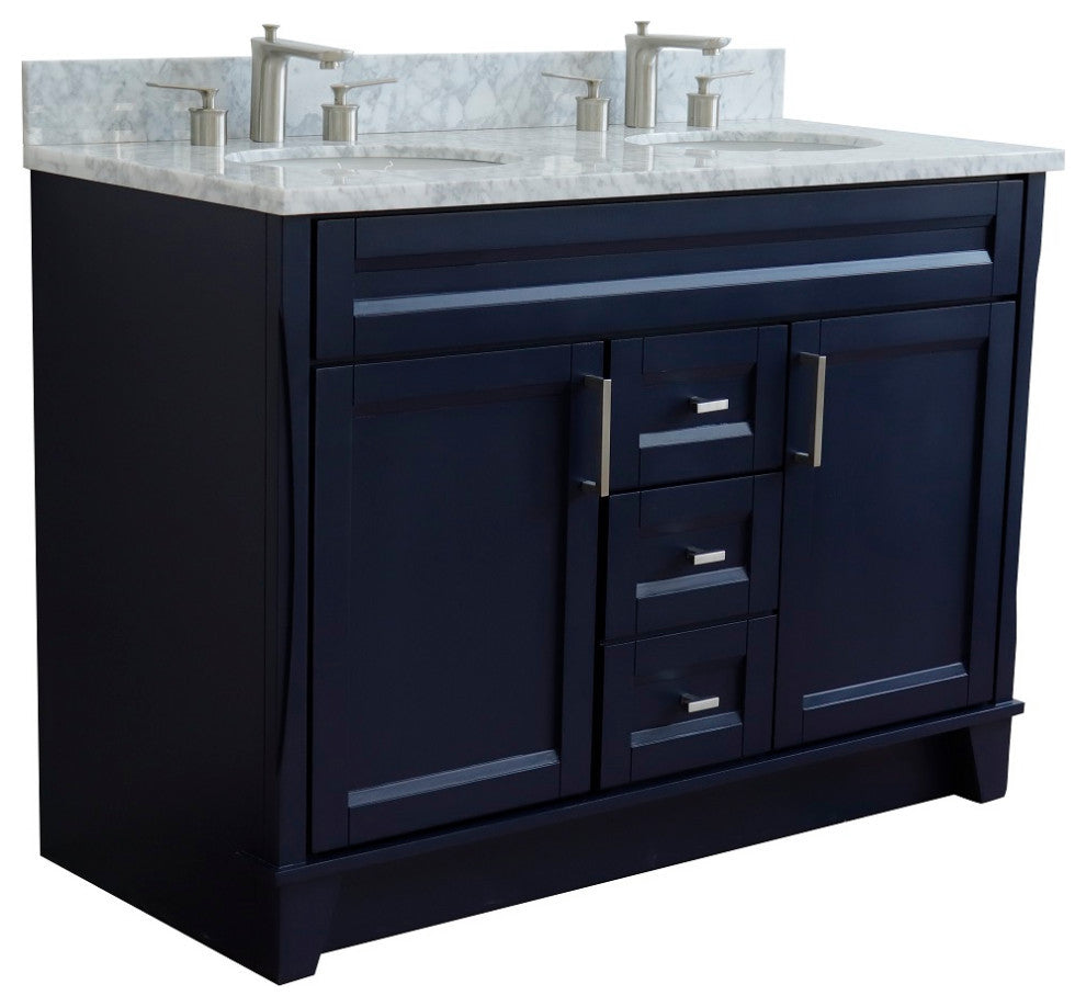 48" Double Sink Vanity, Blue Finish With White Carrara Marble And Oval Sink