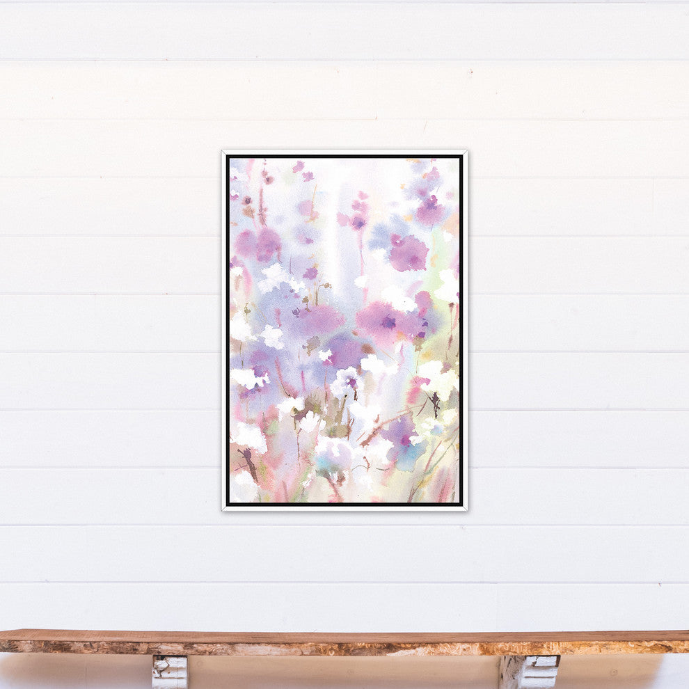 Lavender Floral Watercolor 24x36 White Floating Framed Canvas