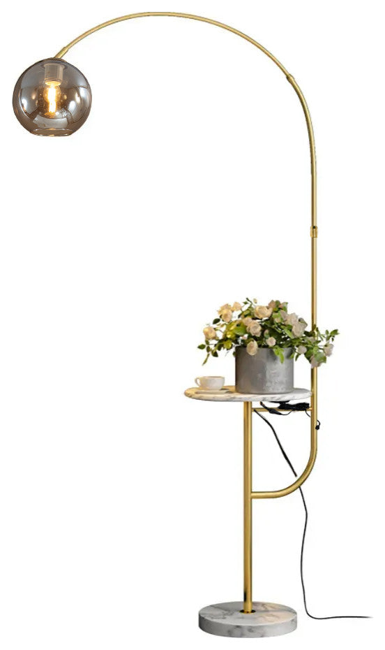 Modern Arc Floor Lamp With Shelf & Wireless Charger & USB Charging Port