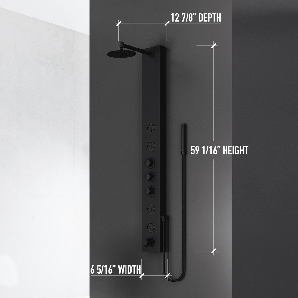 Bowery 59" H x 6" W 4-Jet Shower Panel with Round Shower Head and Tub Filler, Matte Black
