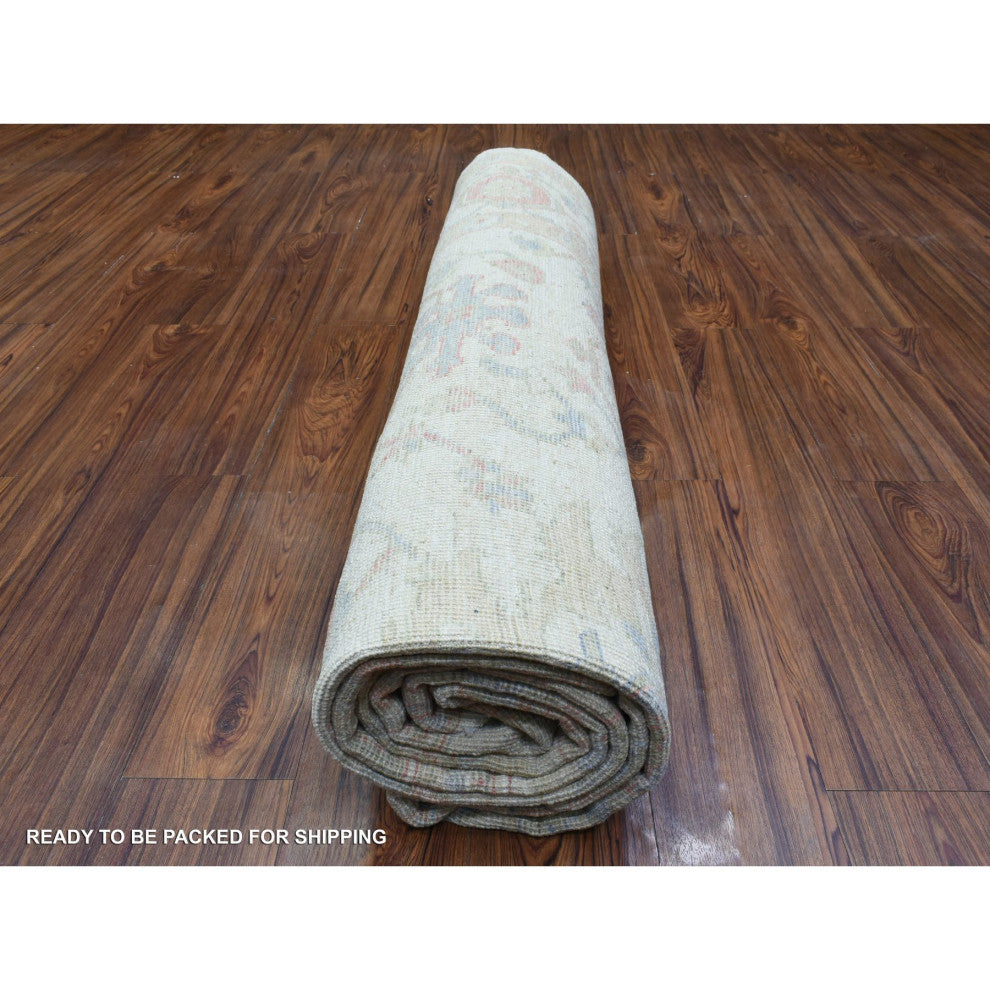 Ivory Afghan Oushak Branch Flower Design Soft Wool Hand Knotted Rug, 8'1"x10'2"