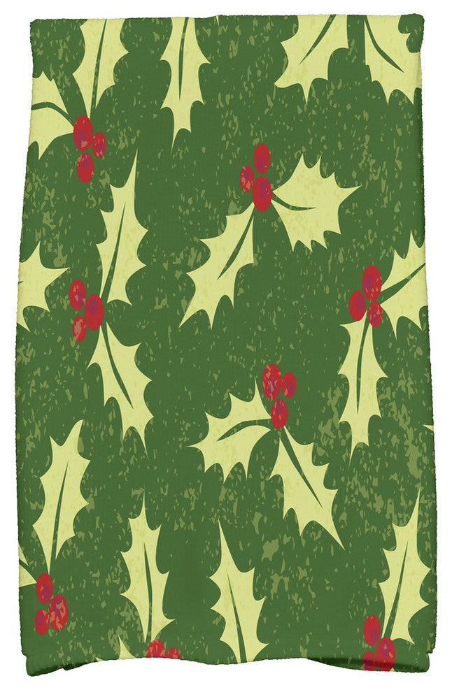 Allover Holly Decorative Holiday Floral Print Hand Towel, Dark Green