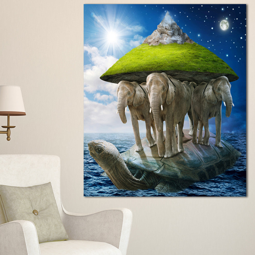 Giant Turtle Carrying Elephants, Abstract Canvas Art Print, 30"x40"