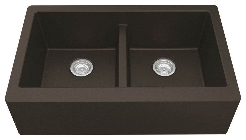 Karran Farmhouse Apron Front Quartz 34" Double Bowl Kitchen Sink, Brown