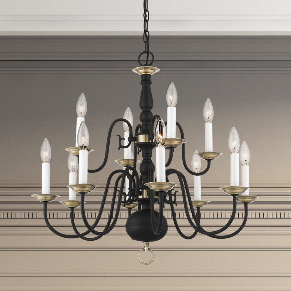 Livex Lighting Williamsburg 12 Light Black, Antique Brass 2-Tier Chandelier