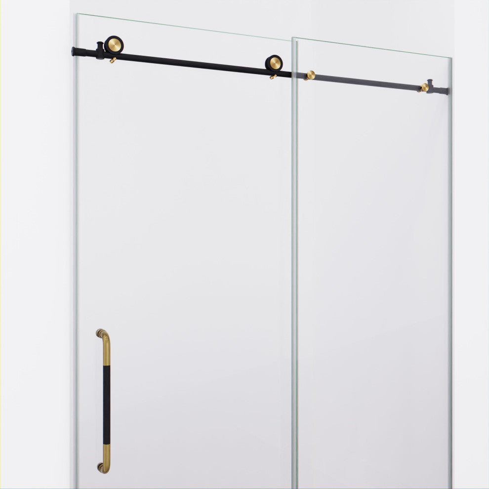 Madam 76-in. x 48-in. Frameless Sliding Shower Door, Matte Black/Brushed Gold