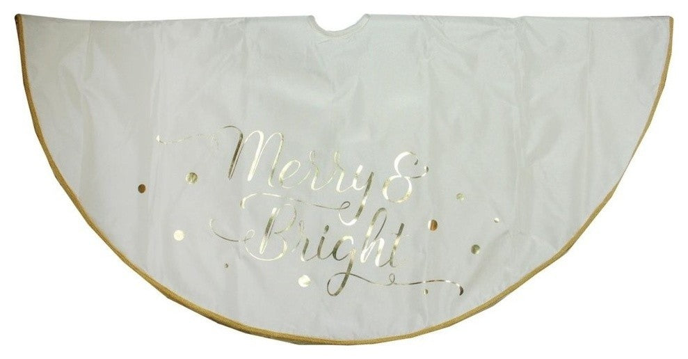 48" Ivory Christmas Tree Skirt With Gold Lettering and Trim