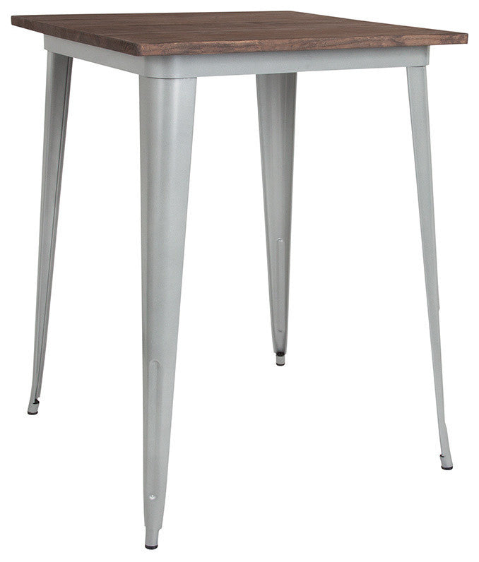 31.5" Square Metal Indoor Bar Height Table With Walnut Rustic Wood Top, Silver