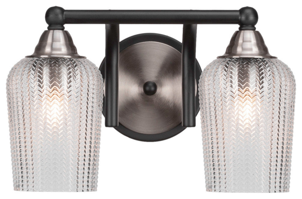 Paramount 2-Light Bath Bar, Matte Black & Brushed Nickel, 5" Clear Textured