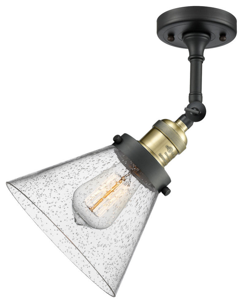 Large Cone 8" Semi-Flush Mount, Black Antique Brass, Glass: Seedy