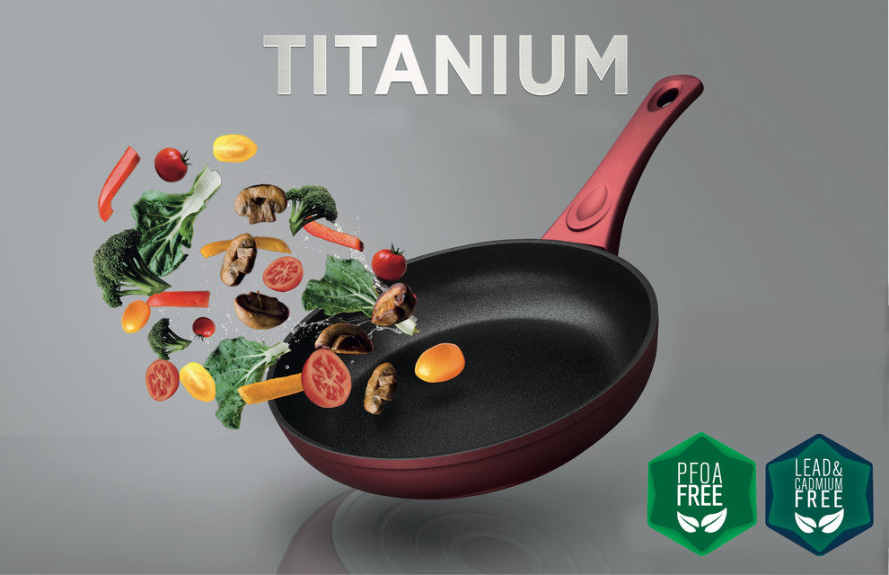 Saflon Titanium Nonstick Fry Pan, 4mm Forged Aluminum, PFOA Free, Red, 8"