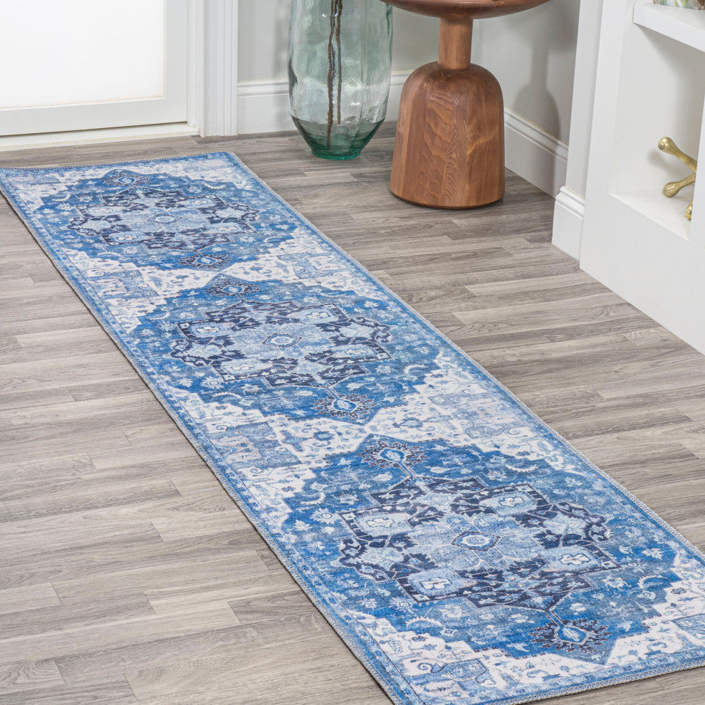 Maris Ornate Medallion Machine Washable Indoor Area Rug, Blue/Navy, 2 X 8