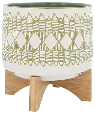 Ceramic 2-Piece Set, 5" and 8" Aztec Planter On Wooden Stand, Olive