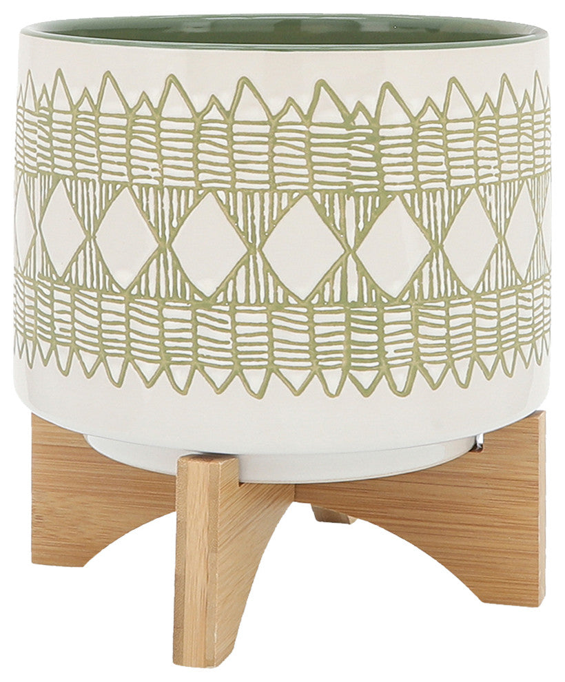 Ceramic 2-Piece Set, 5" and 8" Aztec Planter On Wooden Stand, Olive