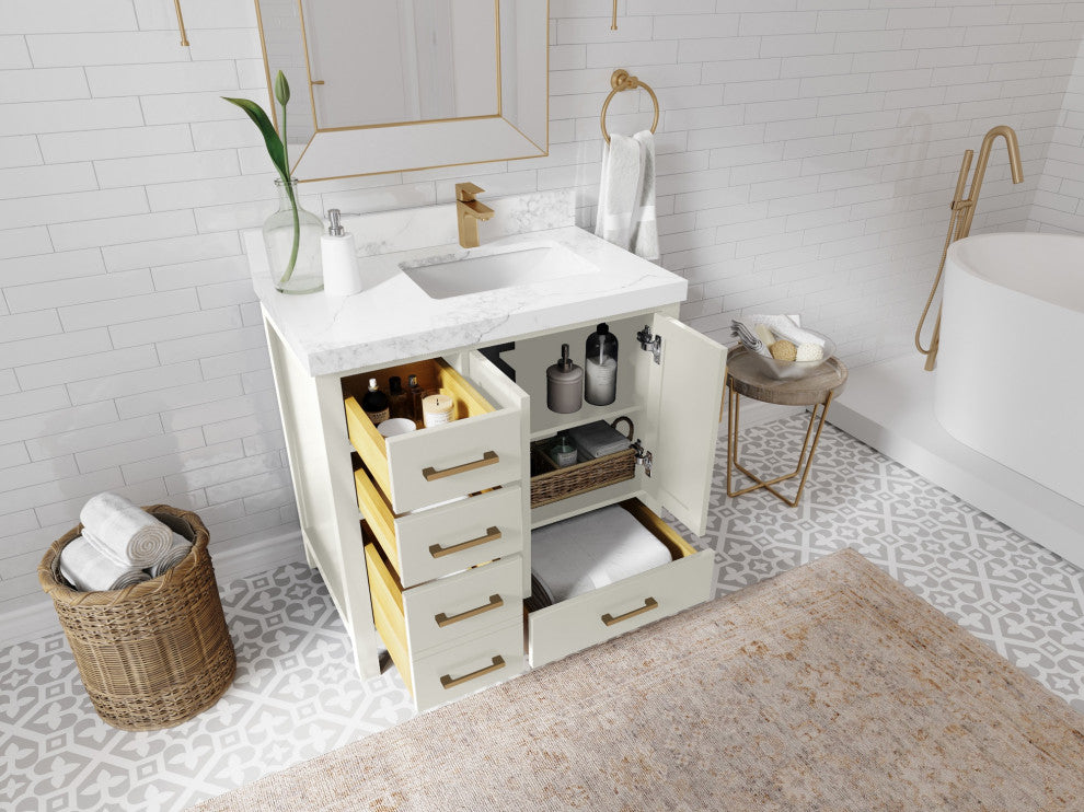Malibu 36" Right Offset Bath Vanity in Fine Grain 1.5" Empira Quartz