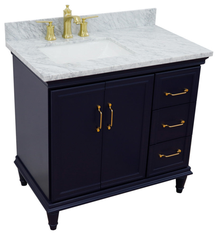37" Single Vanity, Blue Finish With White Carrara