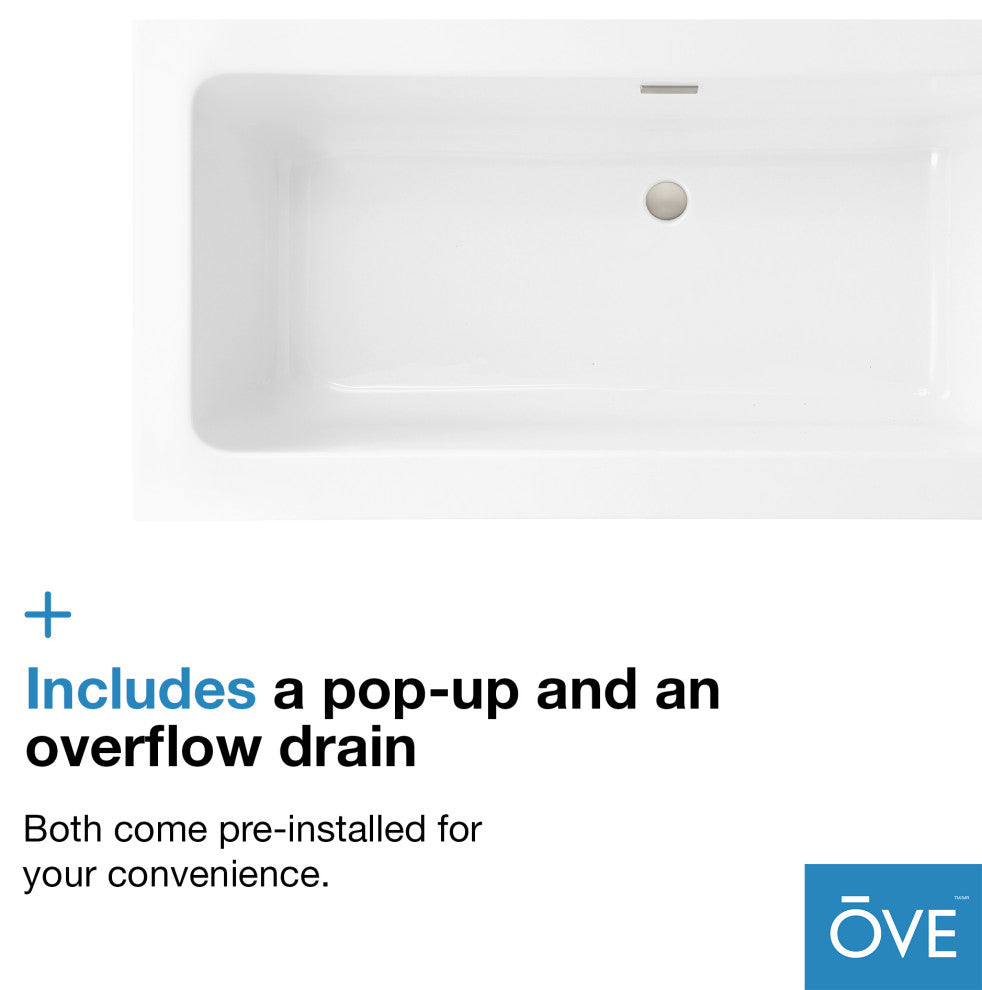 OVE Decors Terra 70" White Acrylic Bathtub, Satin Nickel and Chrome Hardware