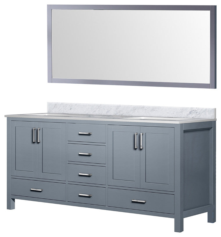 Jacques 72" Dark Gray Double Vanity Carrara Marble Top Sinks, 70" Wall Mirror