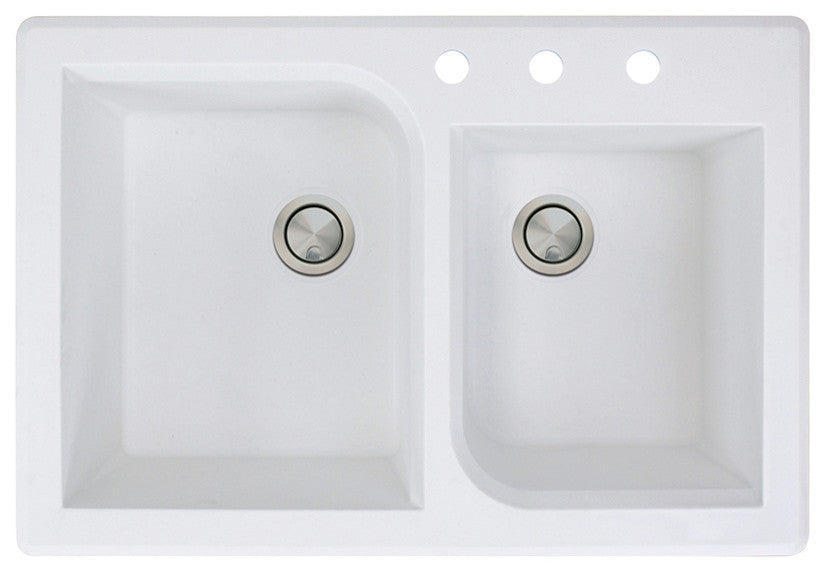 Radius 33" silQ Granite Drop-in Double Bowl Kitchen Sink with 3 Holes in White