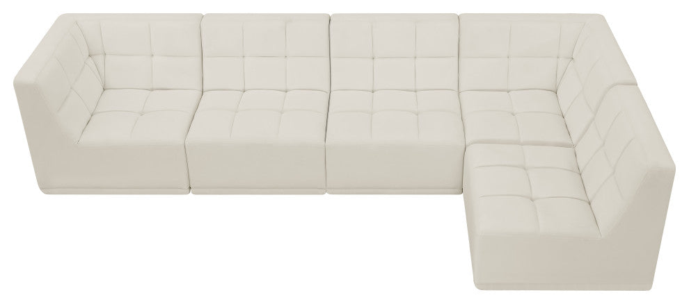 Relax Velvet Upholstered 5-Piece L-Shaped Modular Sectional, Cream