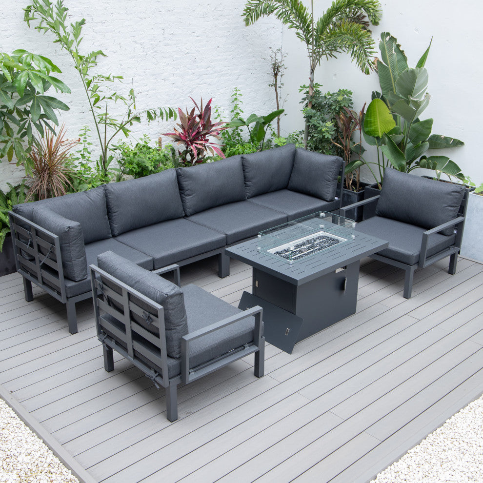 LeisureMod HSFBL-7BL Hamilton 7-Pcs Conversation Set Fire Pit Table&Cushions
