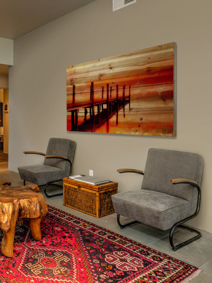 "Sunset Dock" Print on Natural Pine Wood, 60"x40"