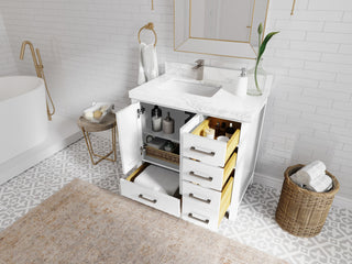 Malibu 36 Left Offset Bath Vanity in White  2" Piatra Gray