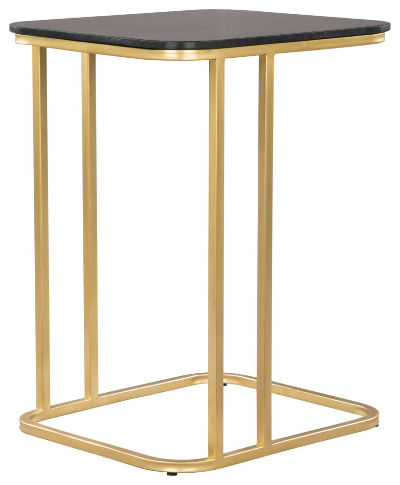 Sofa Side Table, Rectangular, Artificial Marble, Steel Metal, Black, Gold
